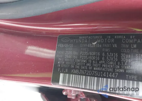 2005 Hyundai Tucson Gls/Lx из США, поврежденный, VIN KM8JN72D75U141447